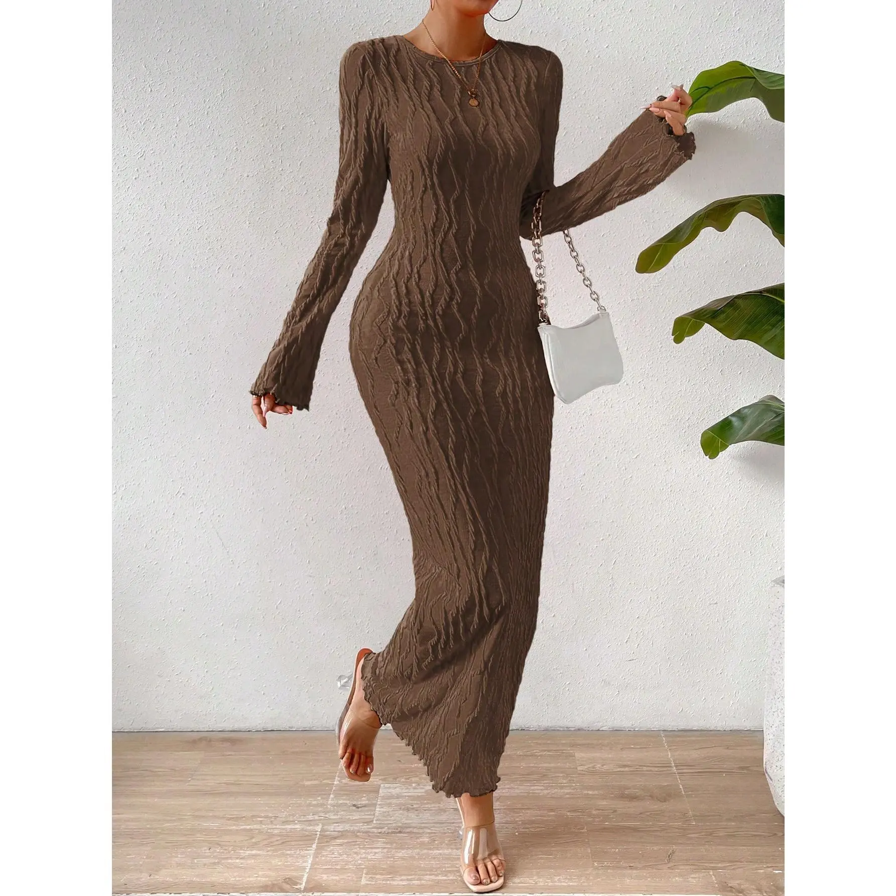 Raffinea solid lettace trim bodycon dress maxi women outfit Casual Fabric