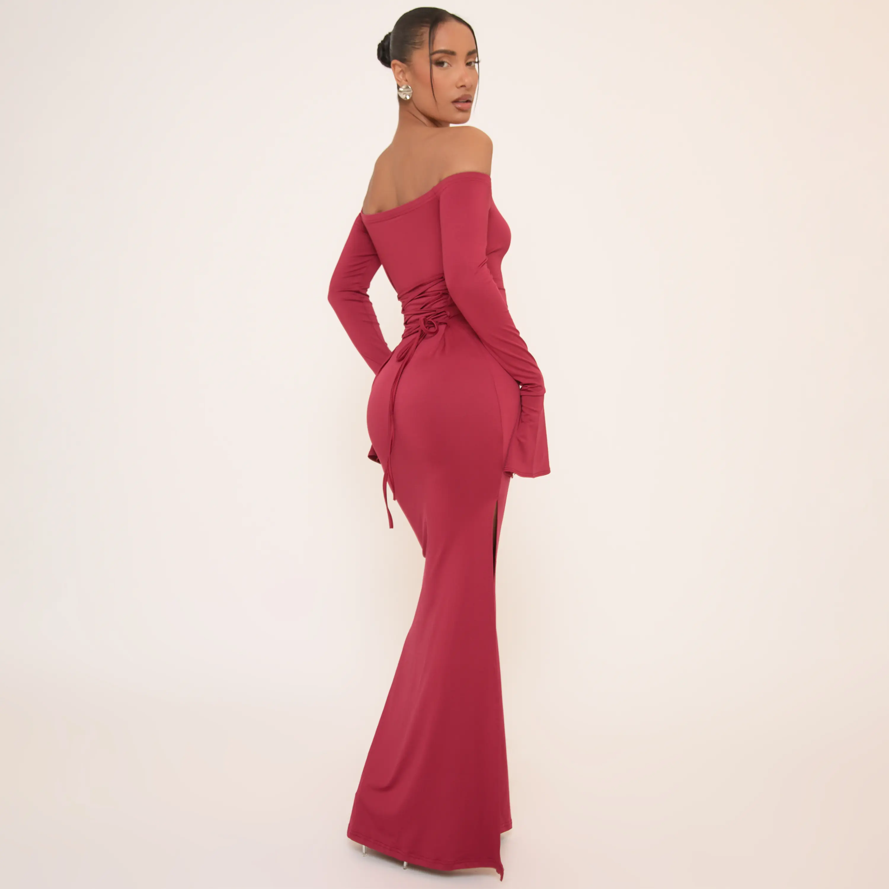 Long Sleeve Bardot Lace Up Back Maxi Dress