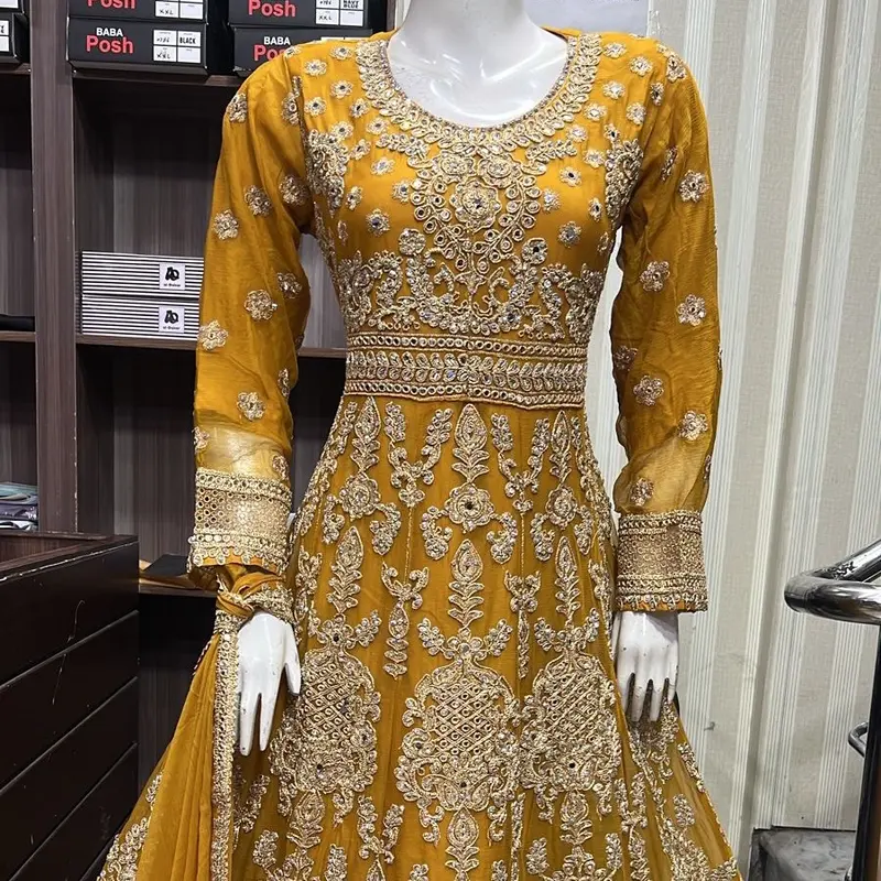 Heavy embroidered long maxi dress chiffon fabric 5