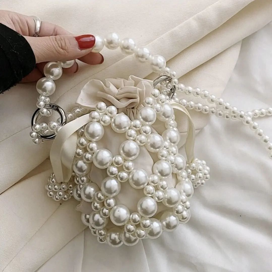 Elegant Pearl Woven Crossbody Bucket Bag for Women, with Coin Wallet/Purse