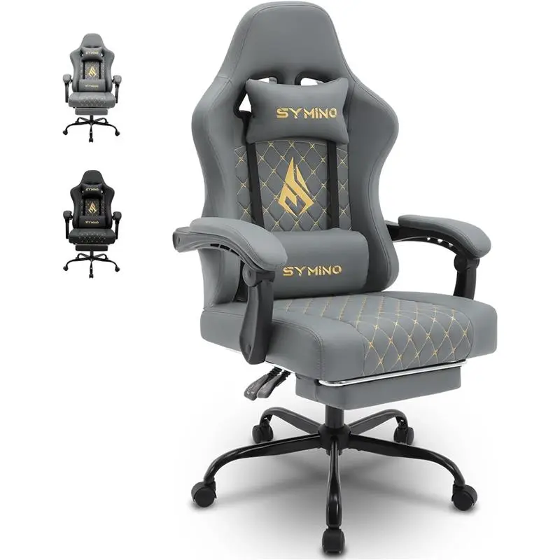Symino Gaming Chair with Footrest, Computer Ergonomic Video Game Chair, Adjustable Swivel Task Chair with Lumbar Support, PC Chair, Office Chair PU Leather, Gray
