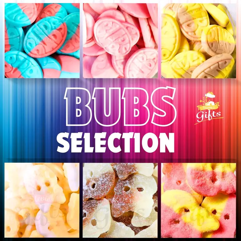 BUBS SELECTION 100 GRAMS EACH - FOAMY AND FIZZY SWEETS - SKULLS, OVALS, BOLTS, 0