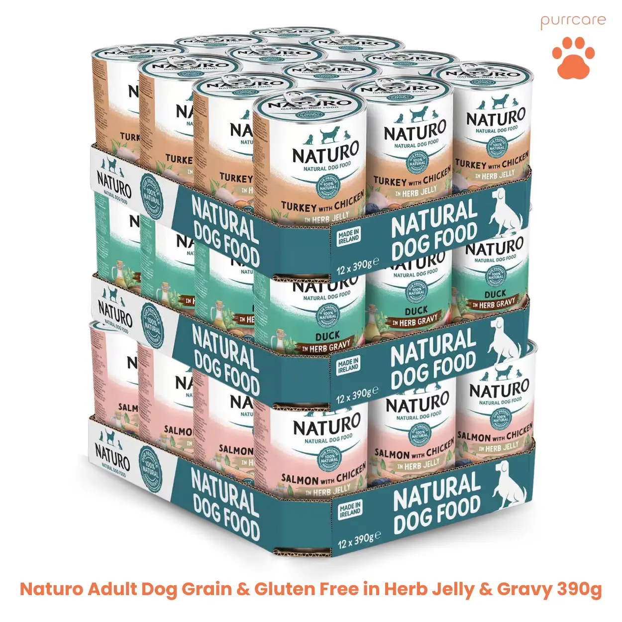 Naturo Adult Dog Food Grain & Gluten Free 390g - Pack of 12 – Turkey with Chicken, Duck, Beef With Chicken, Just Chicken, Salmon with Chicken in Herb Gravy & Jelly