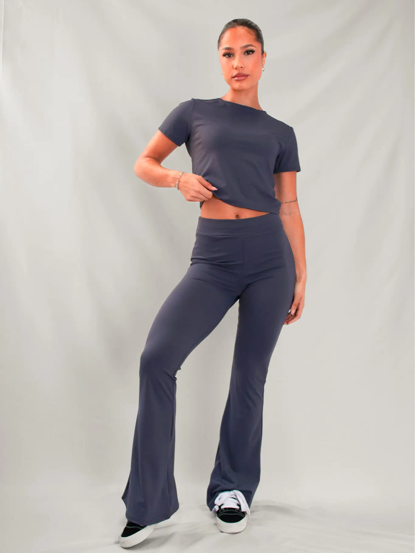 Saint Me Eclipse Flared Active Set in Muted Charcoal Gray for Women - Minimalist Style, Perfect for Casual and Active Wear Top Womenswear