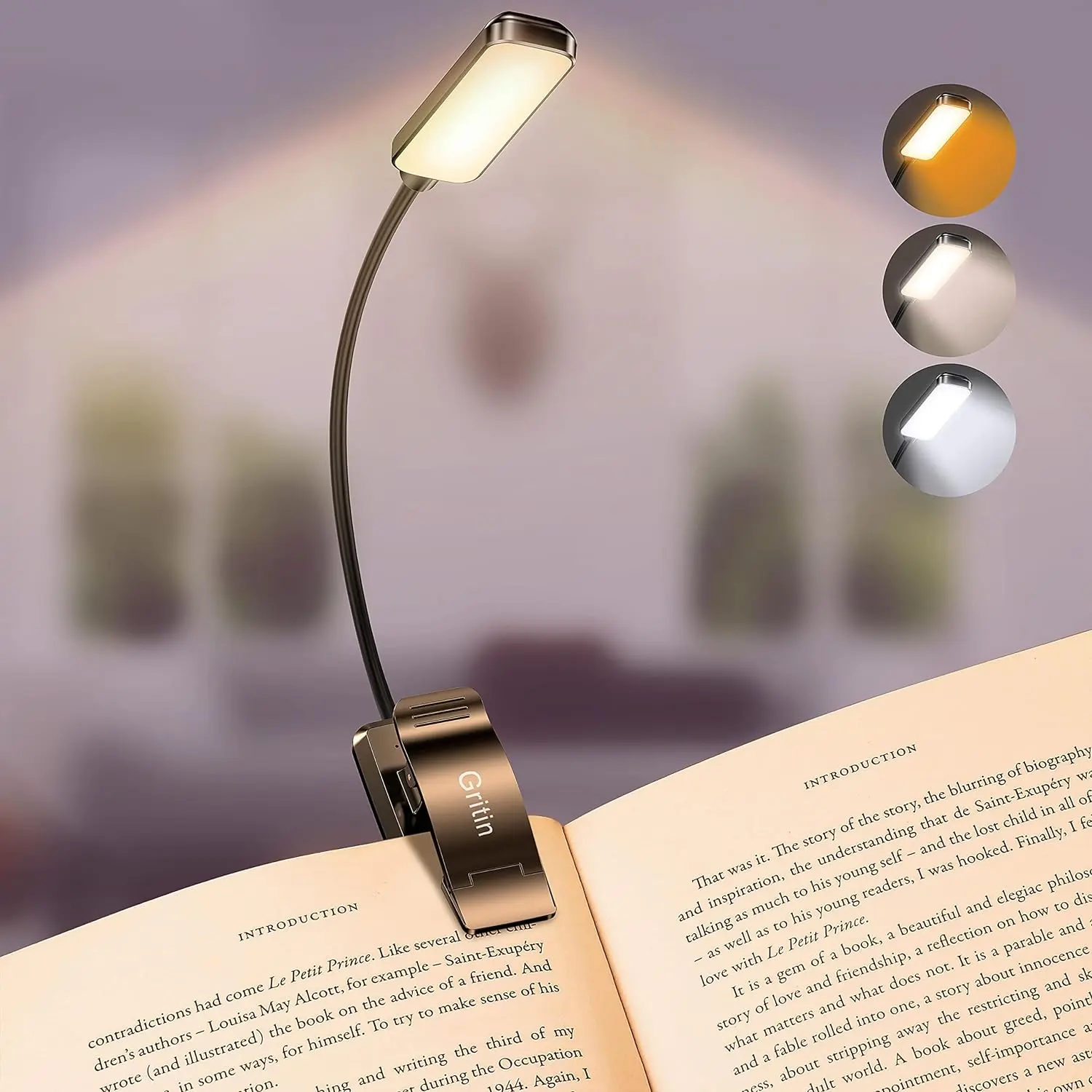 9 LED Clip on Book Light, 3 Eye-Protecting Modes Flexible Reading Light Book Lamp (Warm&Cool White Light) -Stepless Dimming, Rechargeable, Long Battery Life, 4-Level Power Indicator [Energy Class A]