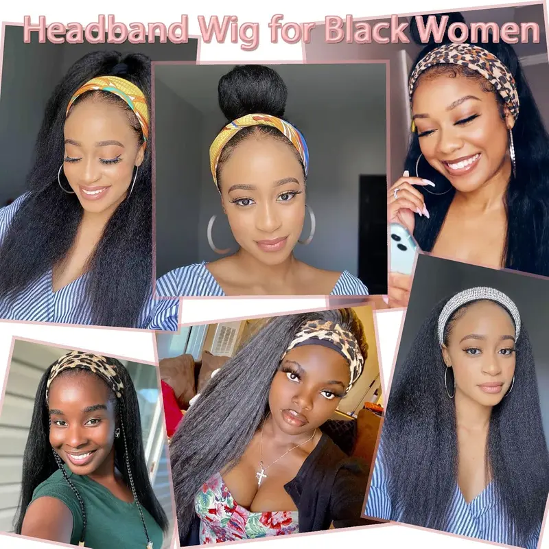 Kachanaa 22 Inch Black Yaki Headband Wig Long Natural Kinky Curly Wig Synthetic Glueless Kinky Straight Wigs for Women Daily Party (1B#) 2