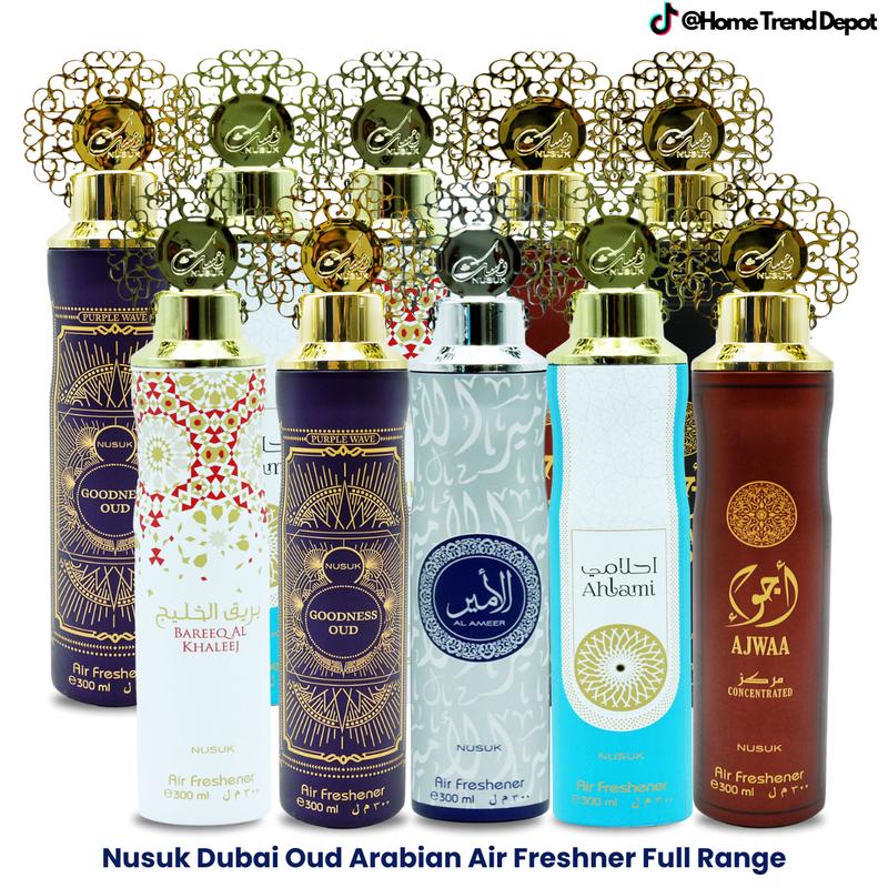 Nusuk Dubai Oud Arabian Perfume Air Freshener Collection - 300ml: Ajwa Black Oud, Red Oud, Goodness Black Blanc & Purple Wave, Mariyam - Woody, Set 0