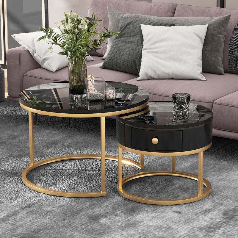 2024 High Quanlity 2-in-1 round MDF coffee table with 1 high-gloss table top and 1 side table with brown tempered glass tabletop, living room coffee table set with 2 drawers, 70*70*45 + 50*50*40 cm Modern Furniture Coffee Table for Living Room 2