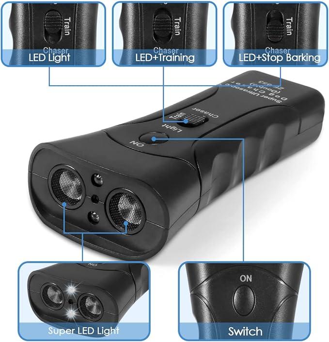 Anti Barking Device, Handheld Dog Repeller Trainer Dual-Channel Dog Repeller Ultrasonic Handheld Dog Training Tool, 3 in 1 Bark Control Tool Frequency Levels Humanized and Safe, for Cats 2