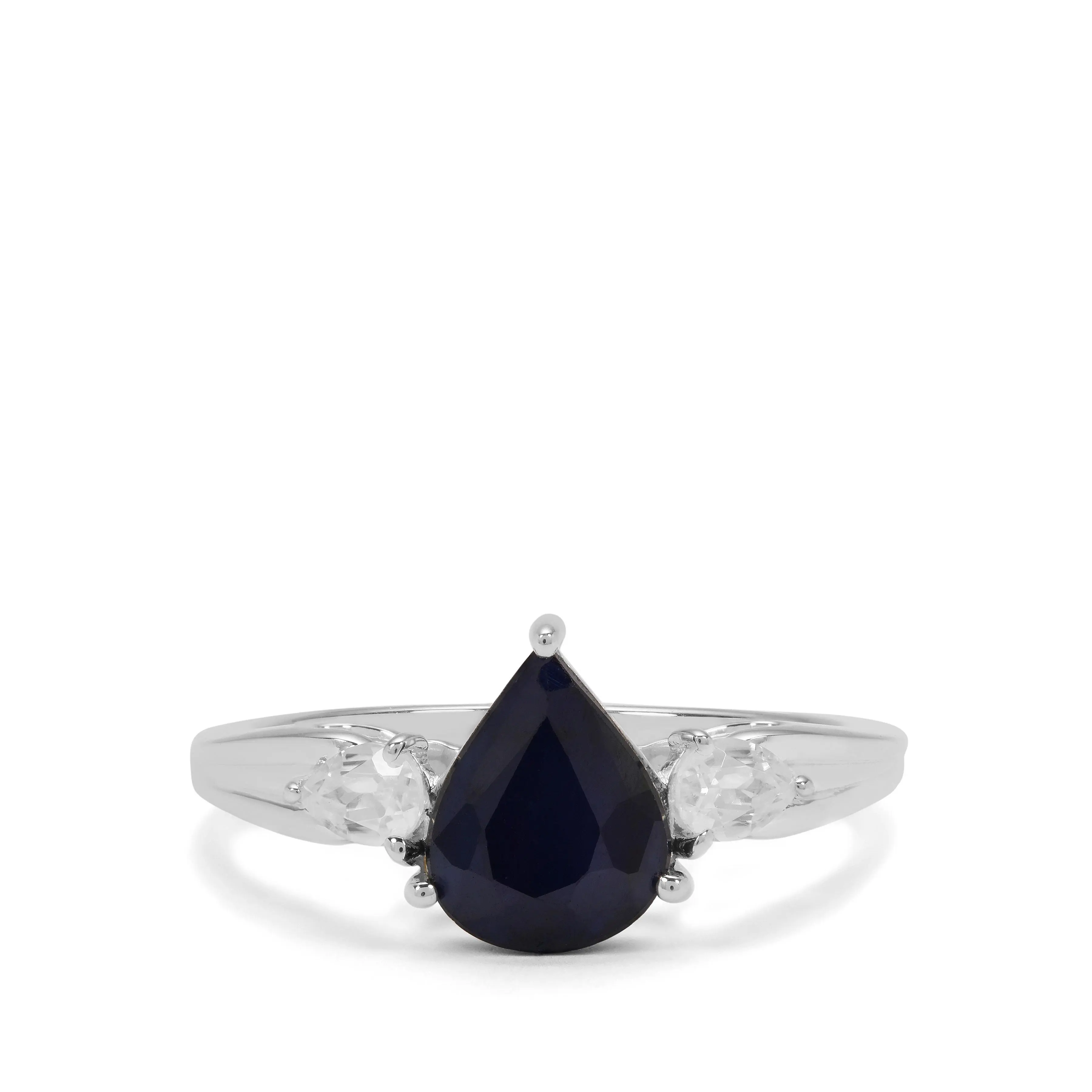 Madagascan Blue Sapphire & White Zircon Silver Pear Cut Engagement Ring