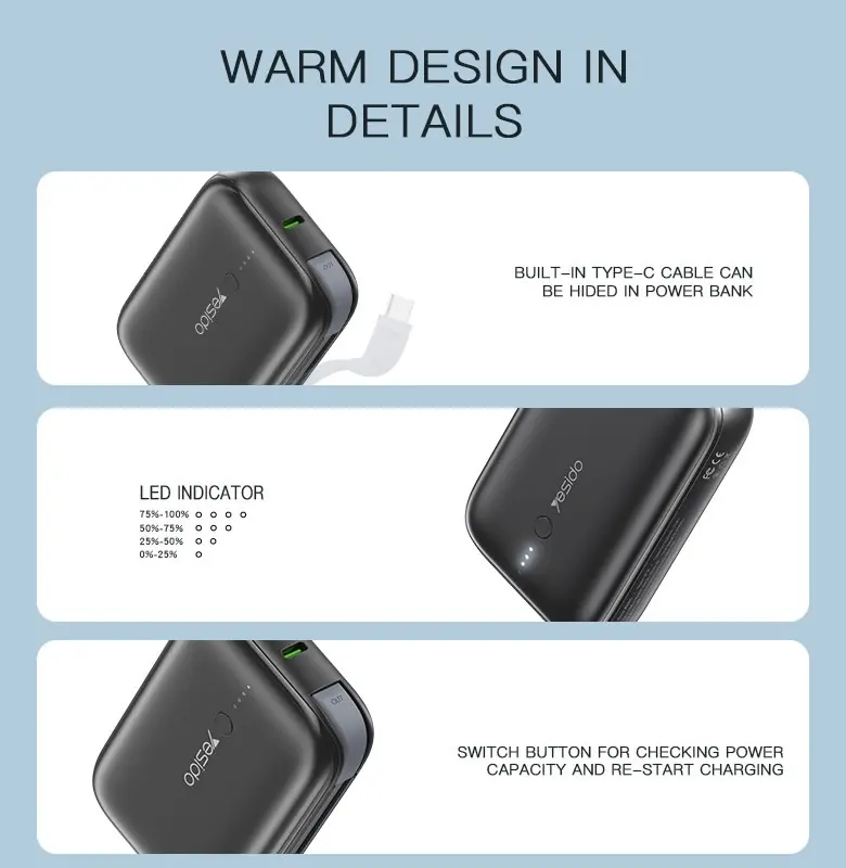YESIDO YP18 22.5W Mini PD 20W LED Fast Charging 10000mAh Power Bank for Phone Accessories Cable Compact Portable Smartphone Devices Charger Chargeable 4
