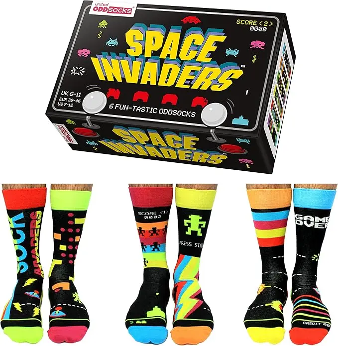 United Oddsocks-Space Invaders- Box Of 6 Colourful Mix & Match Space Socks For Men,Uk 6-11 | Eur 39-46 | Us 7-12. Fun And Quirky Birthday,Christmas,Father'S Day Gift For Men Pink Multicoloured Gaming Sock Birkenstocks Sock Classic Cotton