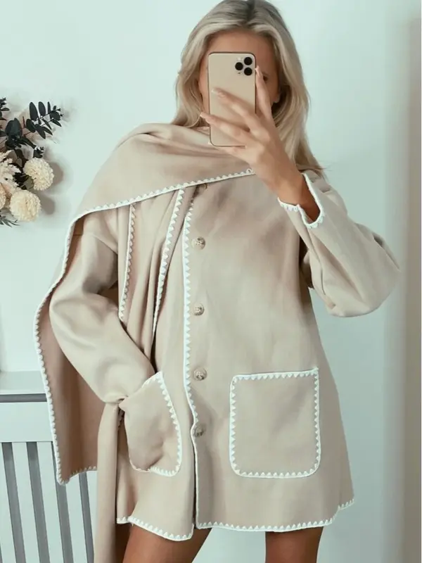 Women's Casual Tori Wool Like Contrast Trim Scollop Stitching Tailored Jacket Scarf Coat One Size UK 8 - 14 0
