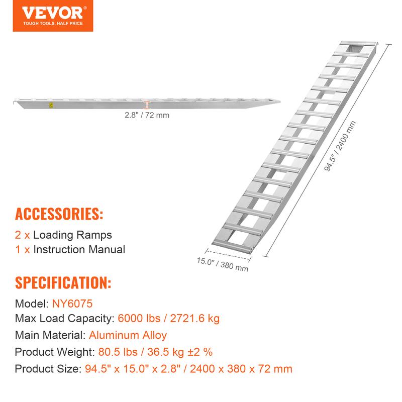 VEVOR 94" x 15" Aluminum Ramps, 6000 LBS Capacity Loading Ramps for Motorcycle/Dirt Bike/Trailer/ATV/UTV/Garden Tractor/Lawn Mower, 2PCS 6