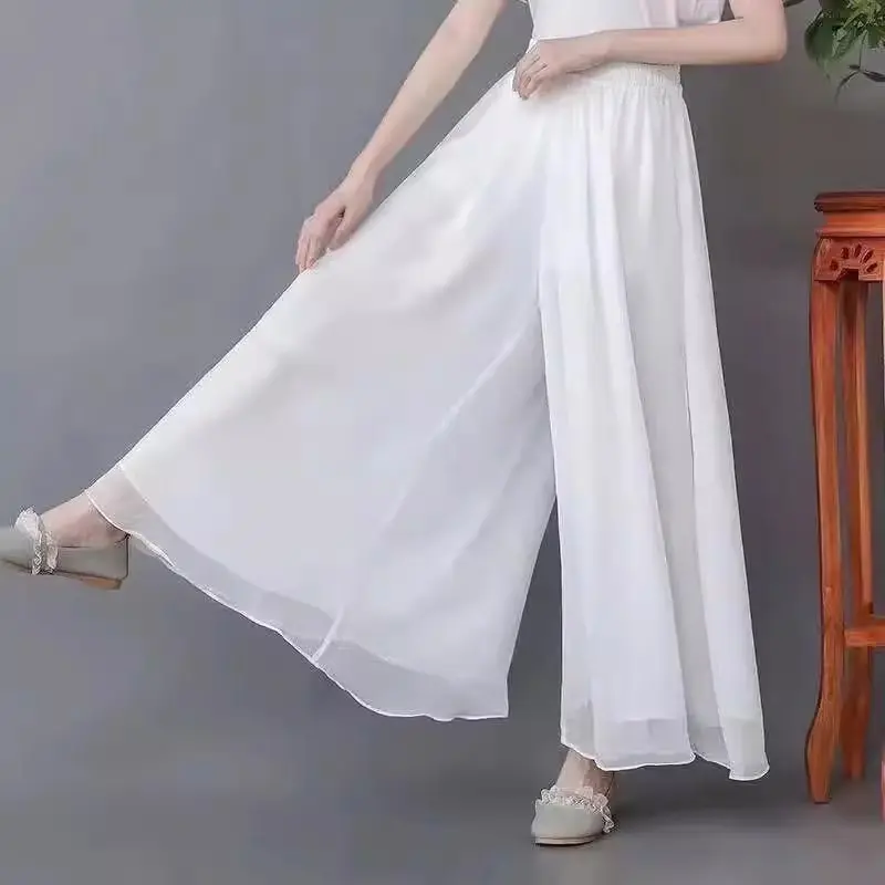 Casual Chiffon Wide Leg Pants Double-layer Loose Breathable Straight Trousers Women Fashion Solid Color Elastic Waist Long Pants