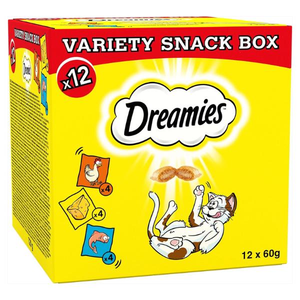 Dreamies Cat Treats Variety Pack, snacks with chicken, salmon flavour and cheese, Pack of 12 (12 x 60 g) 1