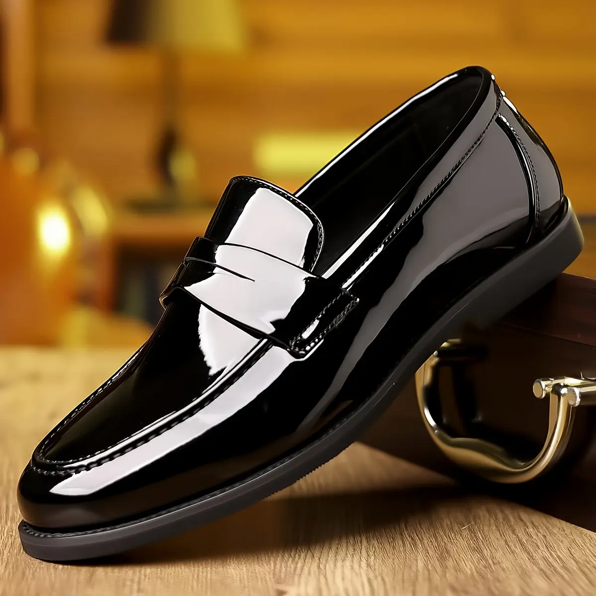 Plus Size Men's Faux Patent Leather Upper Slip On Penny Loafer Shoes, Comfy Non Slip Rubber Sole Durable Dress Shoes, Men's Footwear