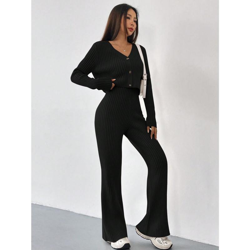 EZwear Autumn And Winter 2pcs/Set Women V-Neck Button Decor Contrast Color Long Sleeve Top And Knitted Long Pants Sweater Suit Clothes Fit Womenswear Comfort Fabric Gamis Trouser Casual Black 3