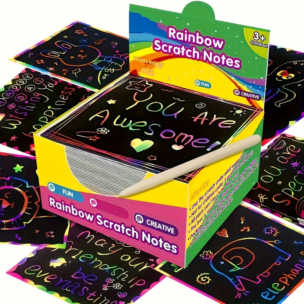Rainbow Scratch Art Paper – 50 Pcs Scratch Notes with Wooden Stylus, Magic Painting Boards for Kids DIY Craft Kits drawing