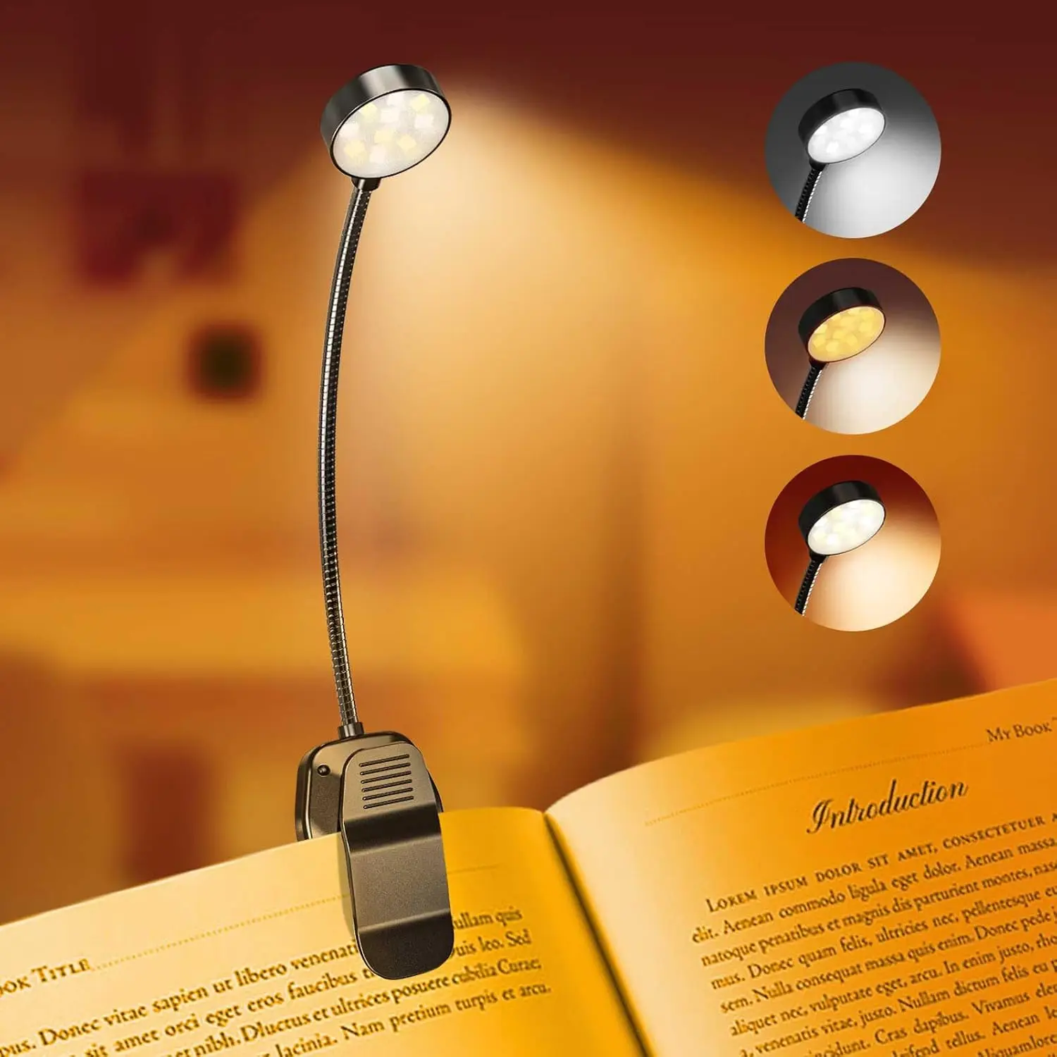 Rechargeable Book Reading Light Lamp, LED Book Light for Reading in Bed - Eye Caring Adjustable Brightness 3 Color Temperatures 20+ Hours Runtime, Type-C Book Light Clip on