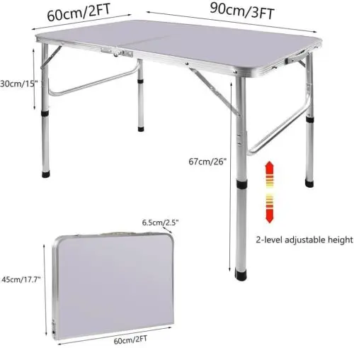 3FT/90cm Folding Table Heavy Duty Aluminium Foldable Portable Adjustable Height Lightweight with Carry Handle and Non-Slip Rubber feet for Camping Indoor Kitchen, Dinner, Catering, Buffet and Garden,White-(90x60x37/67cm) 1