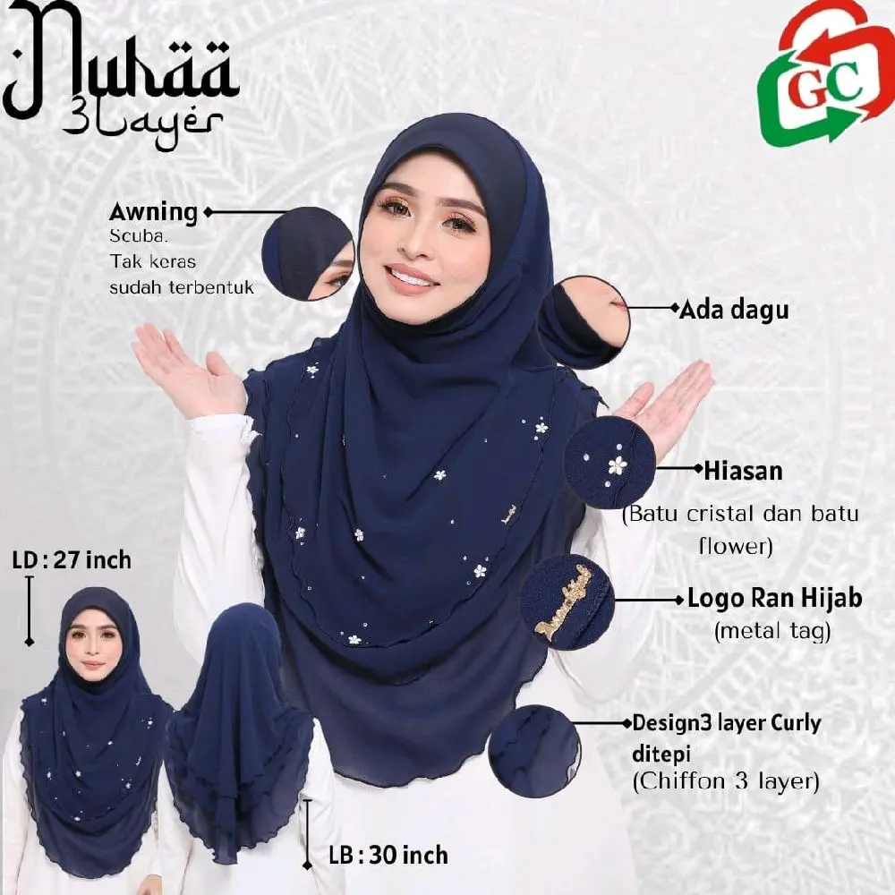 Nuhaa 3 Layer Chiffon Instant Sarung with Awning Scuba
