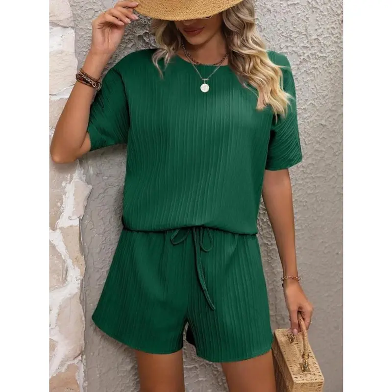 Two-piece Set Women's Plain Waffle Round Neck Oversized T Shirt & Shorts Set, Classy Two Piece Sets, Casual Batwing Sleeve Tops That Hide Stomach & Drawstring Waist Shorts, Two Piece Set, Two Piece Set Women Clothes Womenswear 8