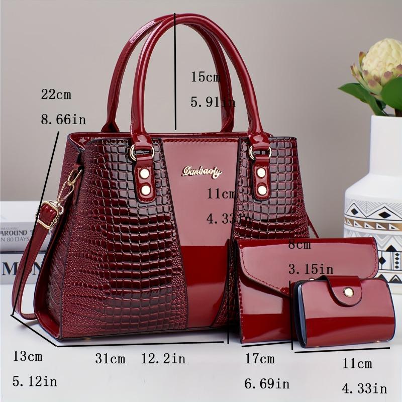 Product Introduction of 3pcs Elegant Faux Leather Satchel with Crocodile Pattern, Sequined, Spacious Multi-Functional Bag, Lightweight Fashion Handbag with Zip Closure and Fixed Shoulder Straps, with Spandex Lining for Women 3