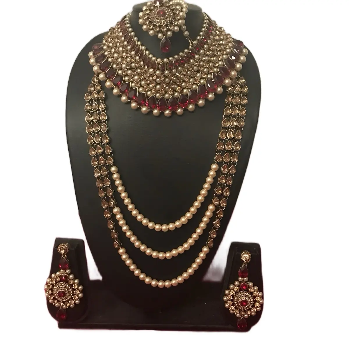 4 pcs Stone Necklace, Earring and Tikka. Choker necklace Costume jewellery. Pearl and stone bollywood necklace set. Gift for her