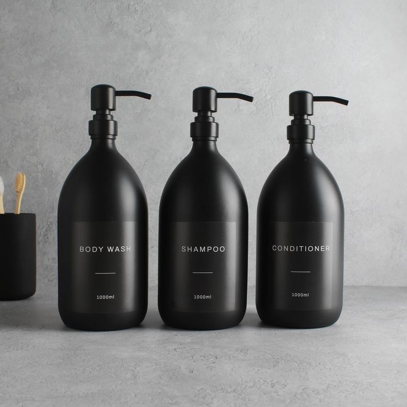 Body Wash, Shampoo & Conditioner Matte Black Glass Set Labelled Bottle Lotion Pump Dispenser for Bathroom 2