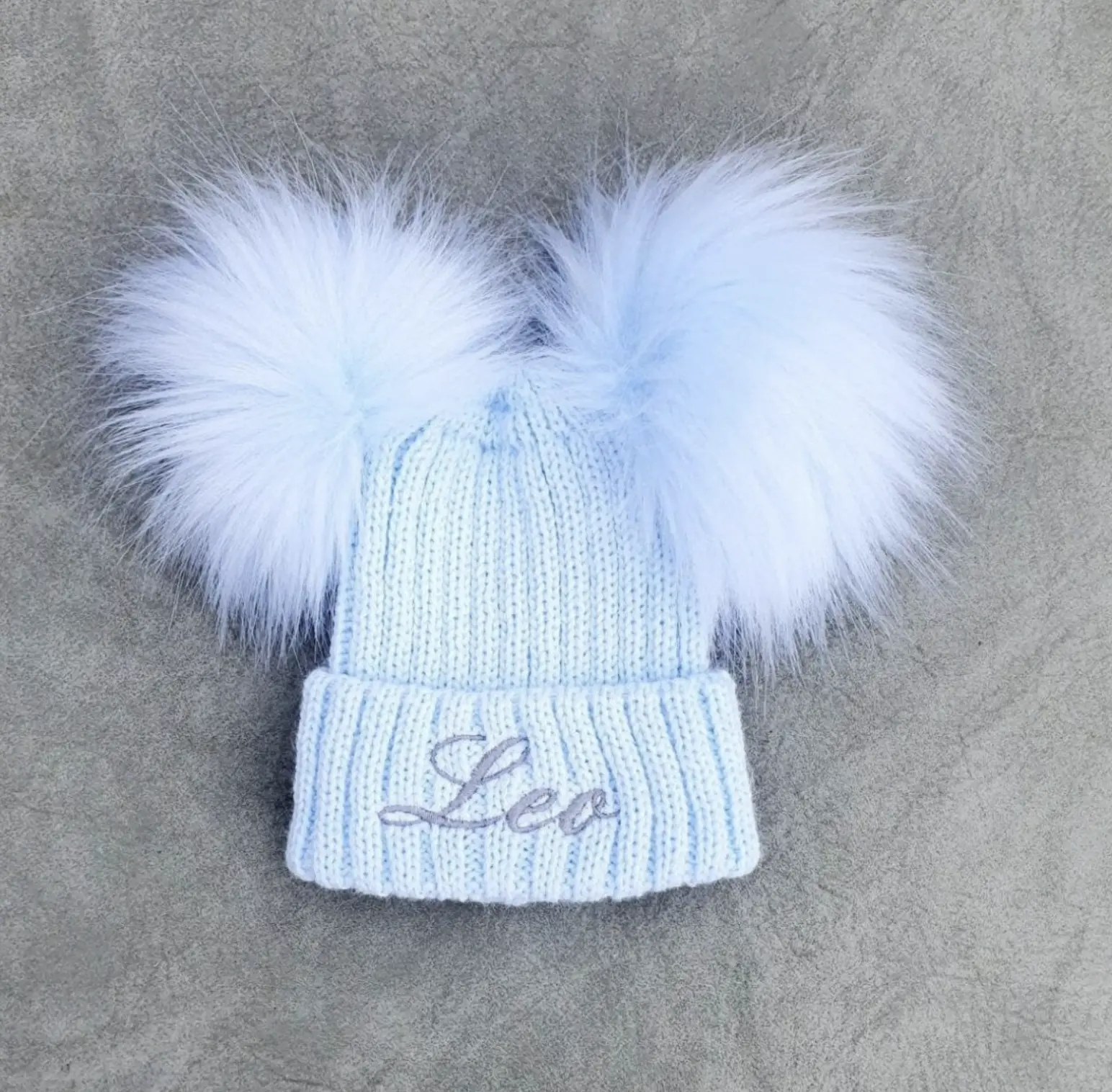Personalised Baby Blue Knitted Pom Hat - Soft Acrylic Material, Trendy Design for Kids and Adults, Perfect Gift for Newborns and Special Occasions