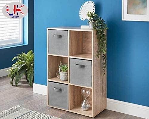 spot on dealz 6 Cubes Wooden Storage Shelving Unit Oak With 3 Grey Fabric Woven Drawer Basket Bookcase Home Office Use Display Furniture Living Room furniture Decor 2