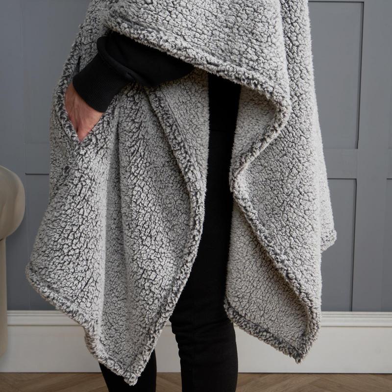 OHS Womens Oversized Teddy Marl Fleece Hoodie Poncho Blanket 4