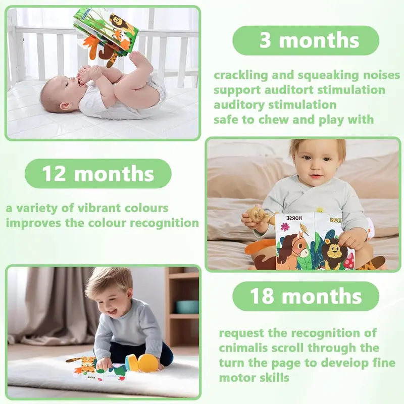 Baby Book Cloth Book Toys Jungle Tails Sensory Book Soft Fabric Crinkle Book Pram Book Early Development Interactive Newborn Gifts for 0 3 6 12 Months Boys Girls 4