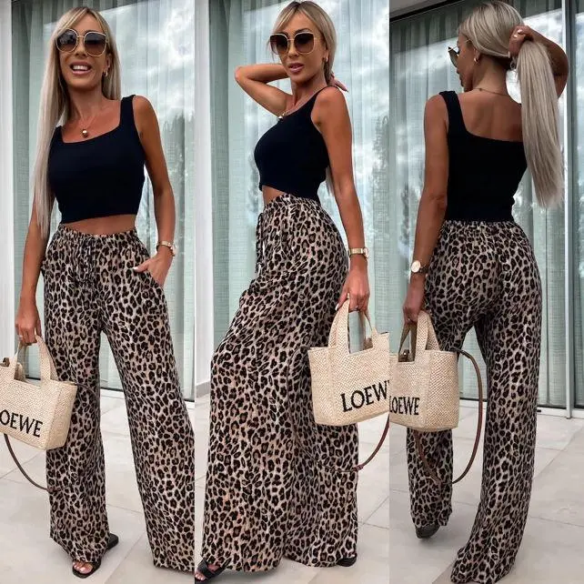 Womens Palazzo Trousers Ladies Leopard Animal Print High Waist Bottoms Pants Casual Comfort