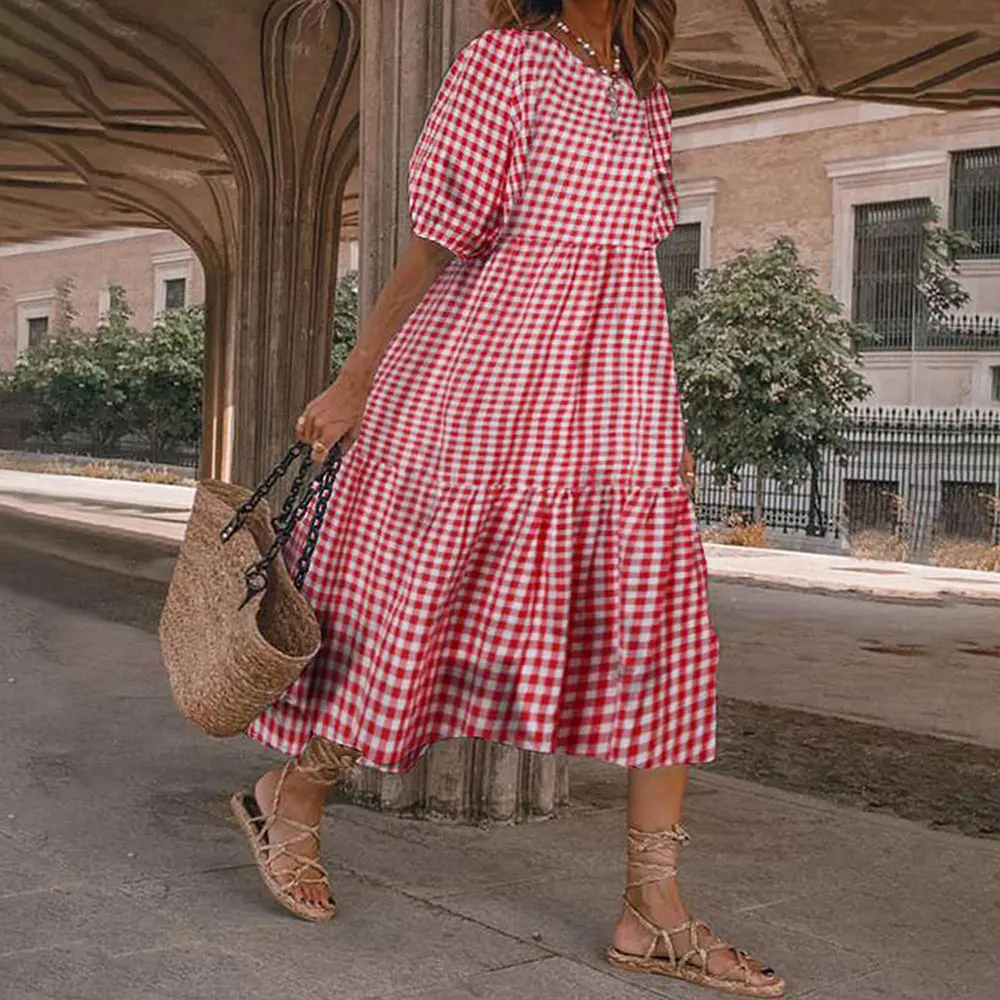 Plus size l-5xl Plaid floral fashion loose dress women Autumn new round neck half sleeve A-line dress holiday beach long skirt