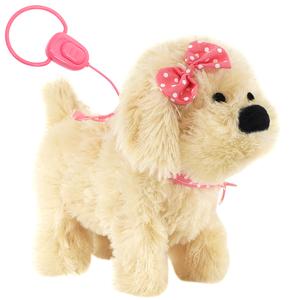 The Magic Toy Shop Electronic Talking Walking Dog Toy with Lead - Cream Plush Robot Puppy with Pink Polka Dot Scarf & Bow - Interactive Walk Along Dog for Kids Role Play & Learning