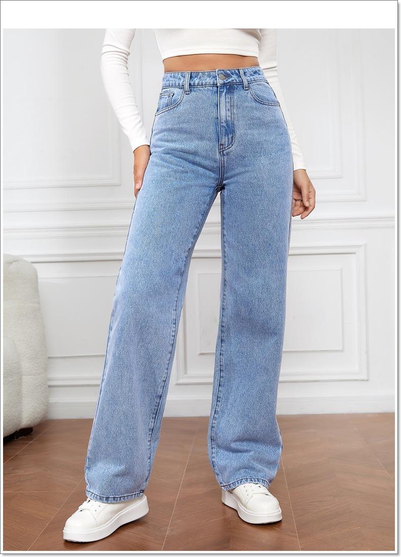 Product Introduction of Women Jeans Straight Pants Denim Washing High Waist Loose Fit Pockets Basics Ankle Length Pants Solid Color Slight Strech 11