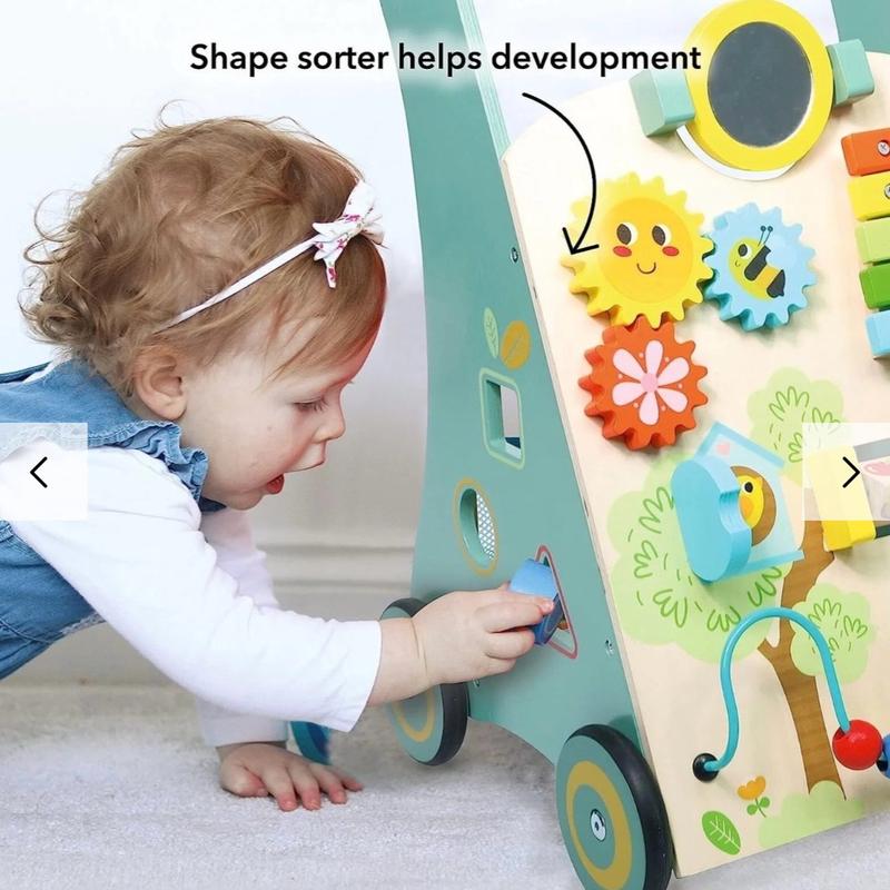 Nuby Wooden Walker, This toy is great for encouraging hand-eye development. The round rotating mirror teaches your baby their reflection. This multi-activity wooden walker comes with a handy storage pouch underneath so your little one can store other toys 5