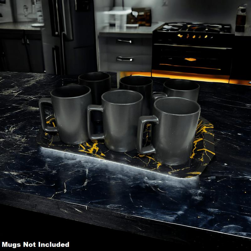 2Pc Large 40cm x 28cm Black & Gold Marble Design Plastic Serving Tray 4