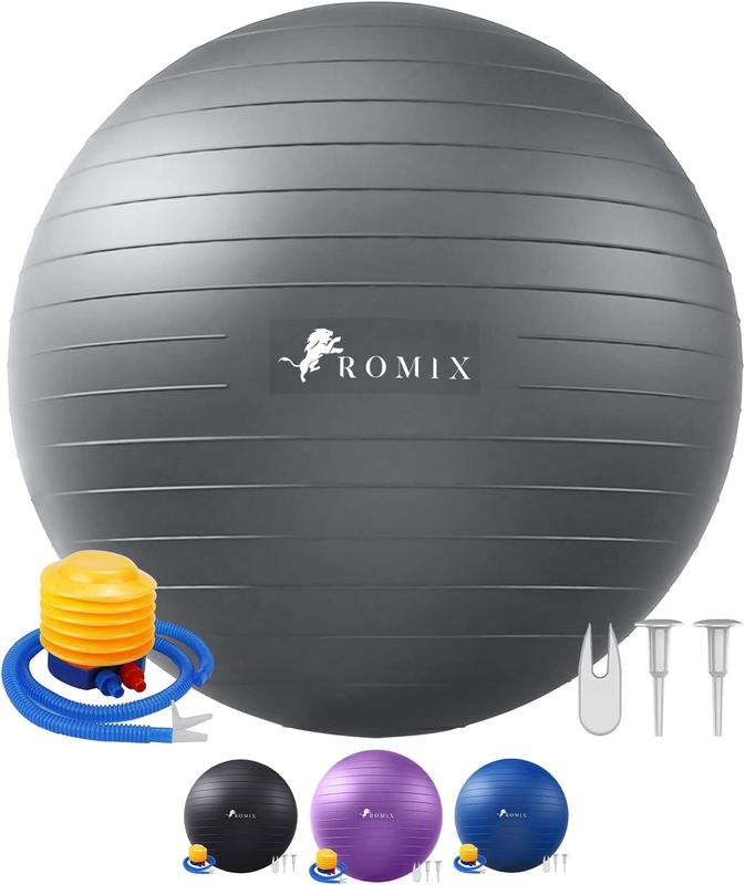 ROMIX Exercise Ball, 55cm 65cm 75cm Anti-burst Extra Thick Birthing Pregnancy Ball with Pump, Fitness Swiss Gym Yoga Ball for Labour Stability Pilates Balance Ball Workout Physical Therapy SILVER 7
