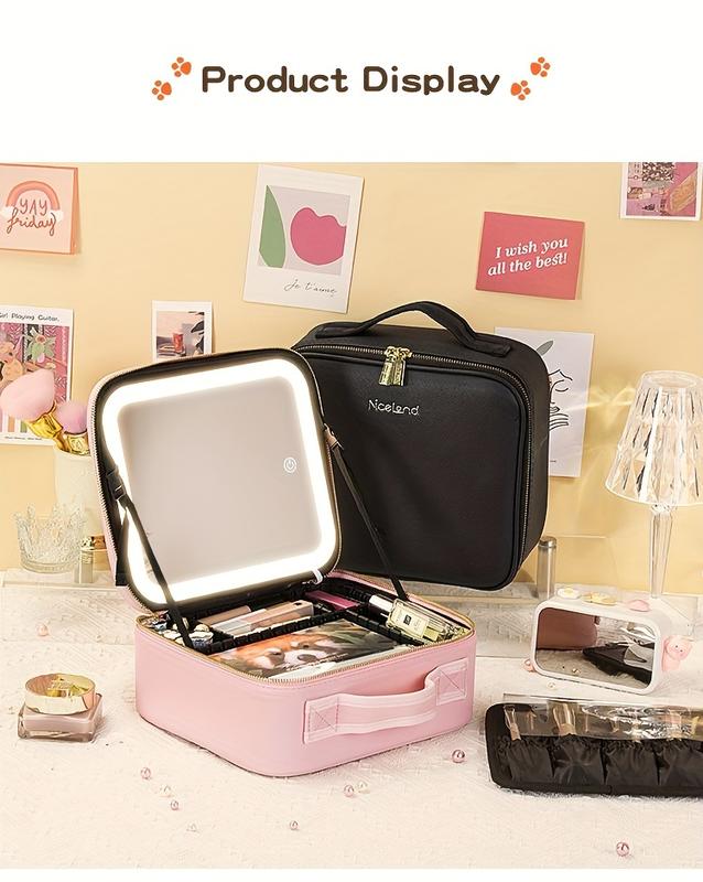 Travel Makeup Bag with LED Light Mirror 3 Color Adjustable Brightness, Waterproof Cosmetic Case Organizer with DIY Dividers, Toiletry Makeup Case Christmas Gift for Her 4