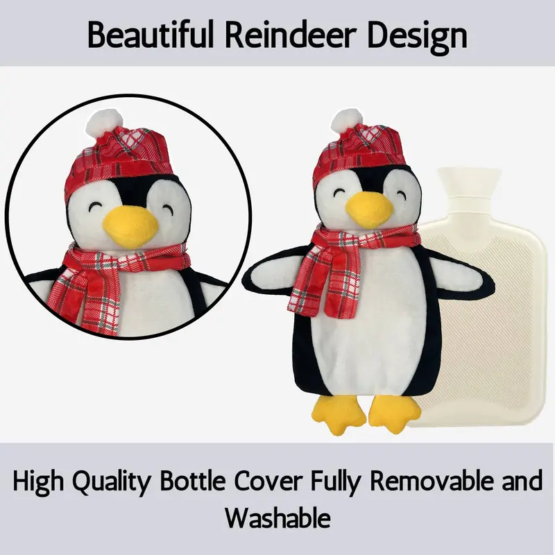 Christmas Hot Water Bottle with Festive Penguin Cover 1L Natural Rubber UK Safe Tested Winter Gift for Kids & Adults by OLIVIA ROCCO 2