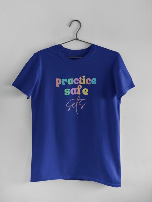 Practice Safe Sets Funny Gym Shirt, Custom Unisex T Shirt, Fun Unique Gift, Running Shirt, Gym TShirt, Graphic Tees, Menswear Womenswear Design Cotton Fabric Casual Top Relaxed Fit Breathable Hem 3