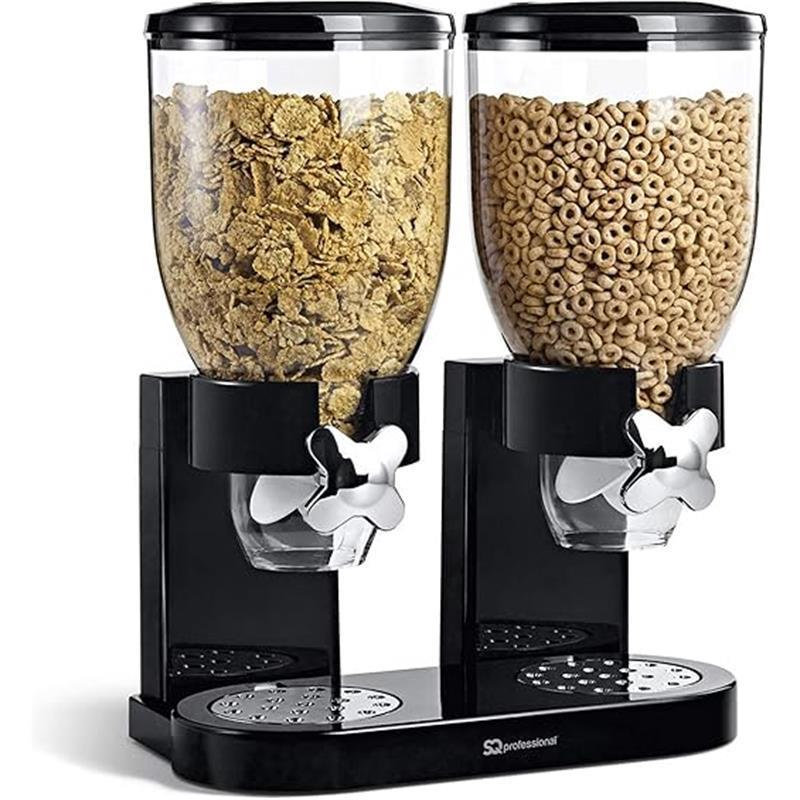 Double Cereal Dispensers -Dry Food Double Canisters With Stand Kitchen Storage Dispenser Transparent Storage Container for Cornflakes, candy, nuts, beans, granola (Black) Coffee Utensils Plastic 5