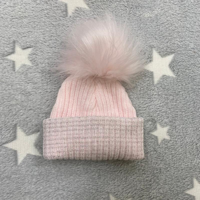 First Size Pink And Silver Ribbed Fur Single Pom Hat 3