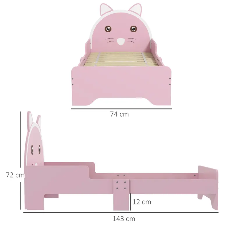 ZONEKIZ Toddler Bed Frame, Kids Bed Cat Design Princess Bed Bedroom Furniture with Guardrails, for 3-6 Years Old, 143L x 74W x 72Hcm - Pink 4