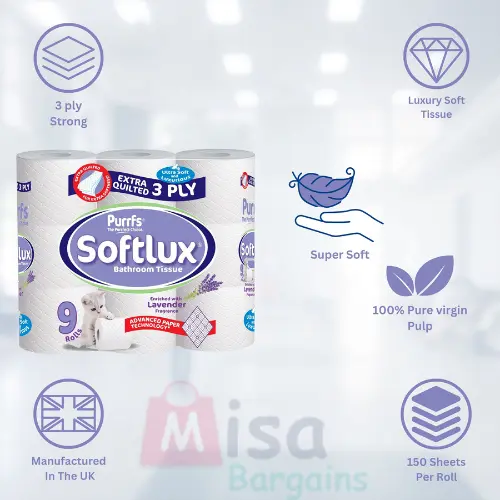 90 Toilet Rolls 45 Softlux Purffs Coconut + 45 Softly Purffs Lavender 3ply Bathroom Luxury Quilted Toilet Rolls  (10*9pk) Flushable Disposable Family Toilet Pack Sheets Scented 2