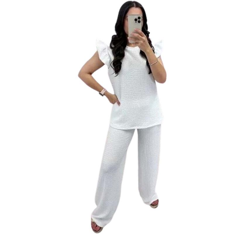 Women's Loungwear Ladies Pop Corn Fabric Frill Sleeve Top Trousers 2Pcs Co Ord UK Size 8-22 Loungewear Pajama Womenswear Nightwear Comfortable Pyjamas 4