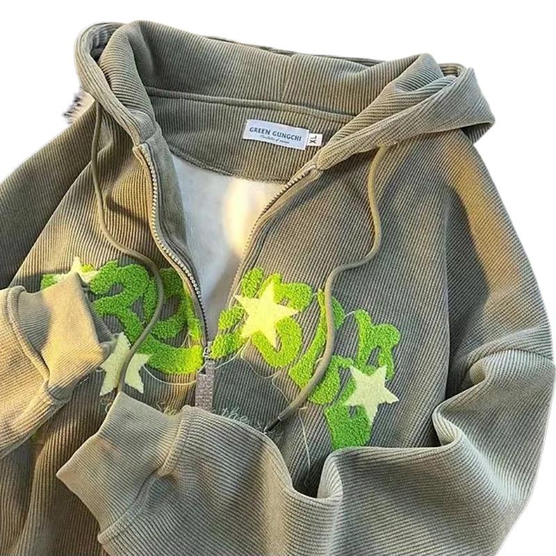 Product Introduction of Y2k Zip Up Hoodie Women Retro Embroidered Letter Loose Long Sleeve Tops 2025 Casual Hooded Sweatshirts Harajuku Jackets coat 13